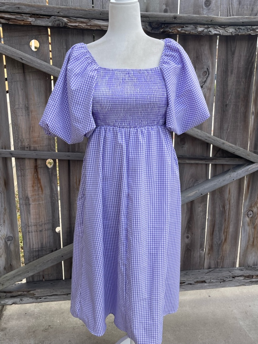 Purple & White Gingham Smocked Midi Dres Puff Sleeve Square Neck Nap Dress Style